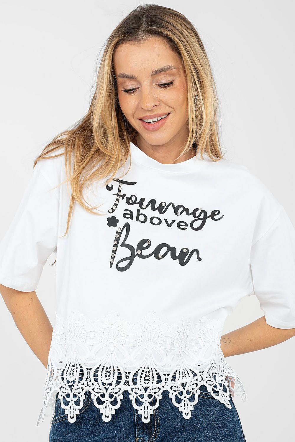 White short-sleeve blouse with lace trim hem and dangling tassel edging