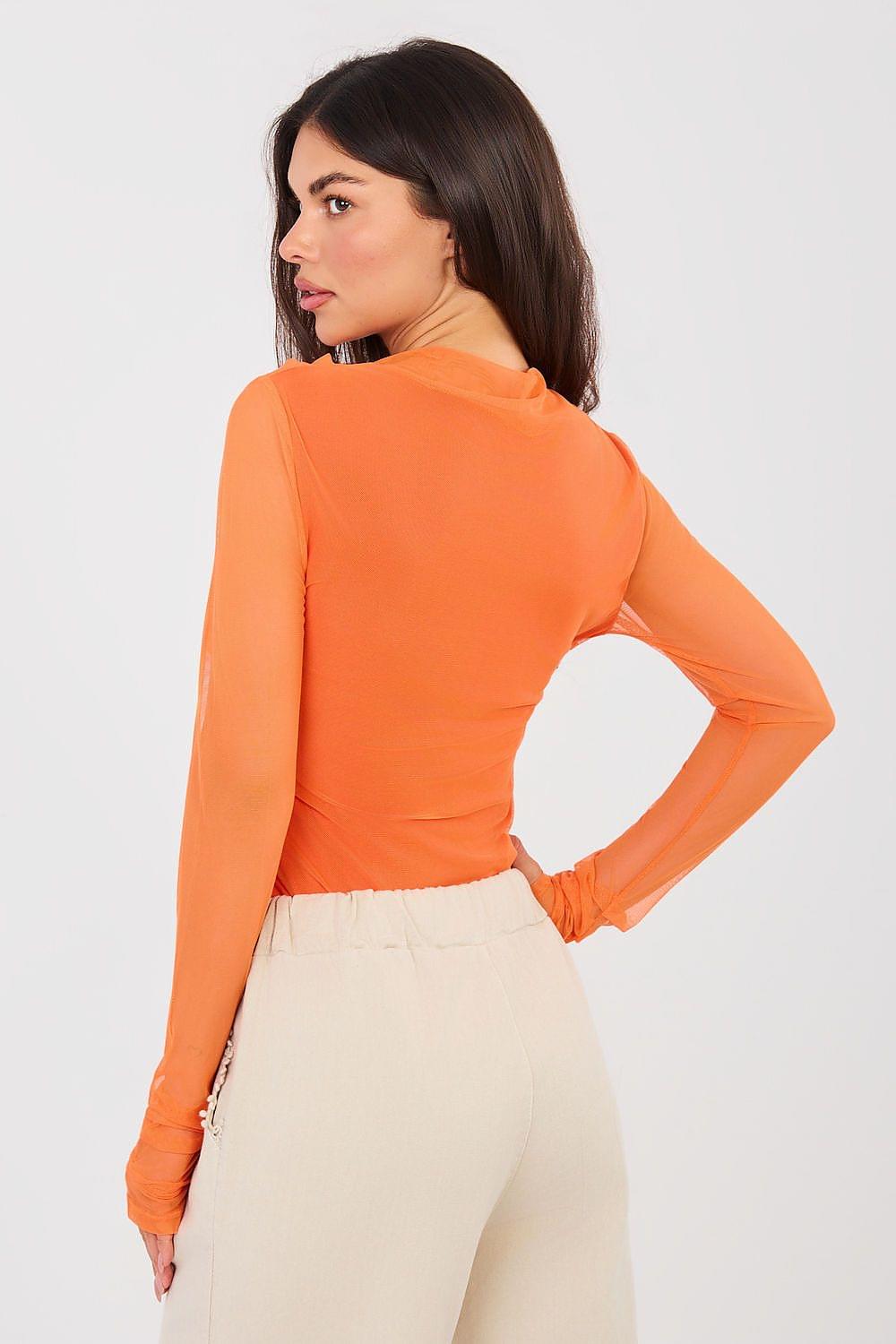 Orange blouse with long sleeves and draped crew neck, back 3/4 view