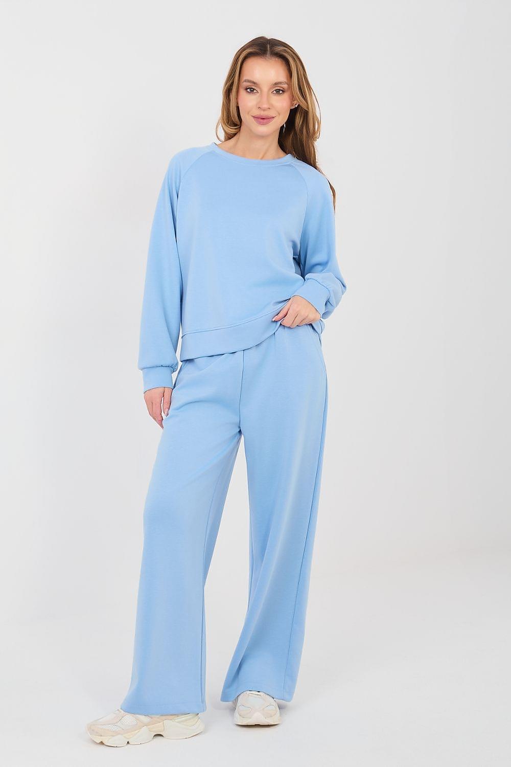 Light blue crewneck sweatshirt and wide-leg pants lounge set, front view