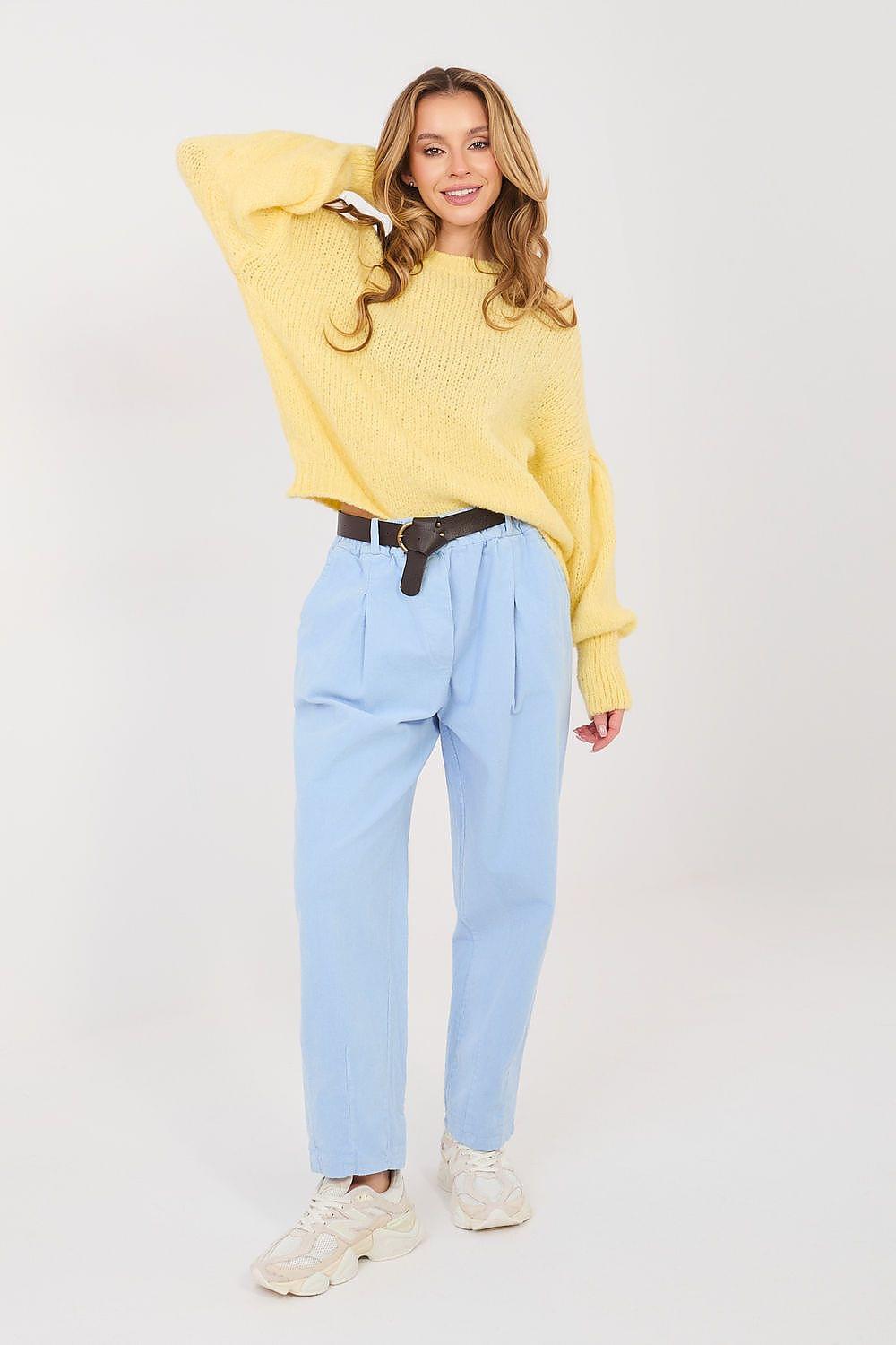 Light blue corduroy trousers with belt loops and pleated front, ankle length