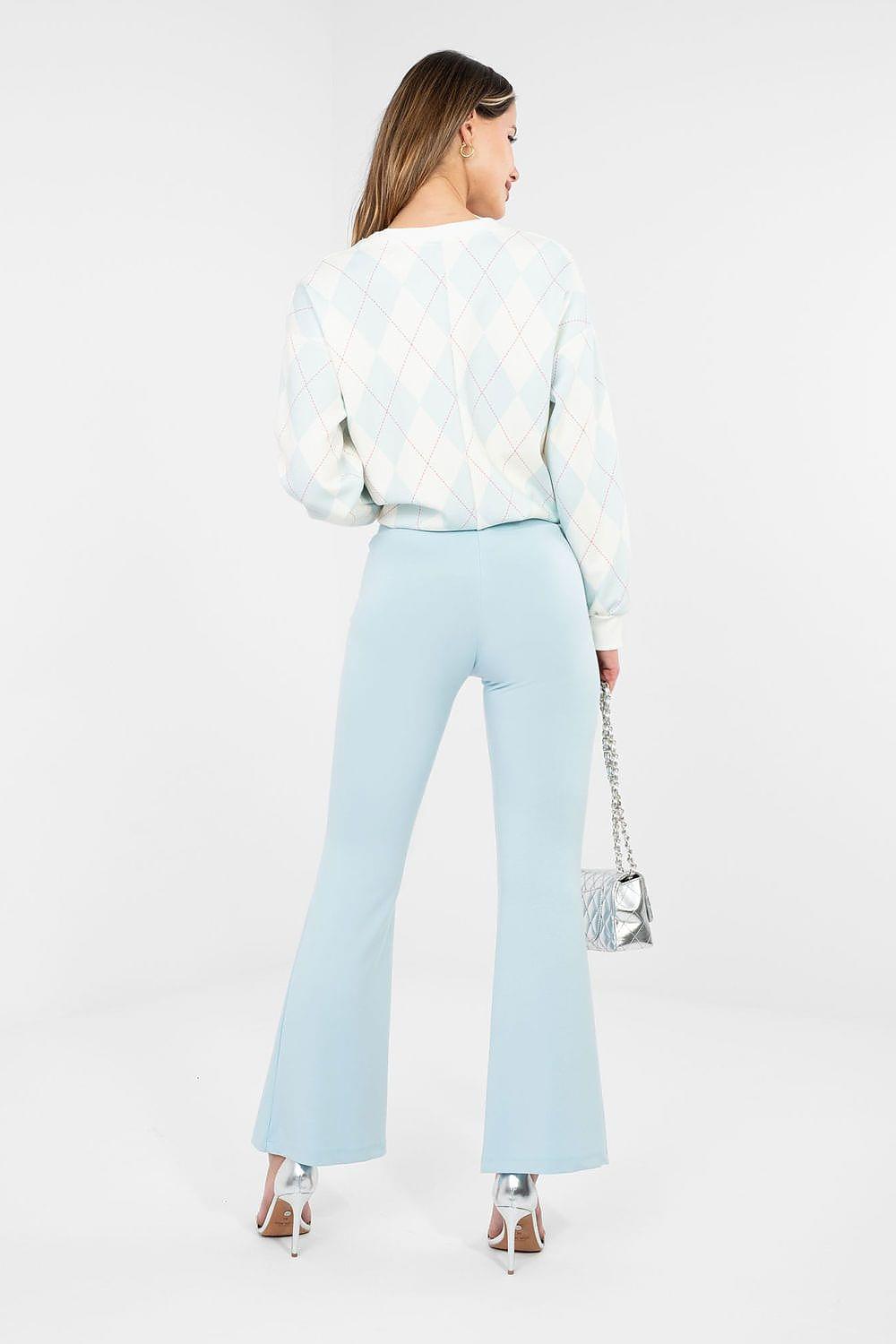 Light blue wide-leg tracksuit trousers with elastic waistband, back view.