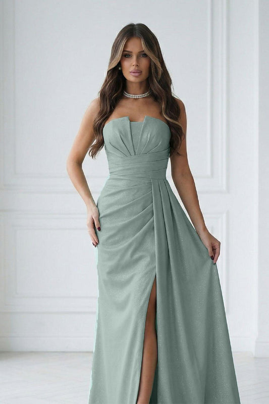 Bicotone long dress, strapless sweetheart with gathered bodice and front slit, sage green
