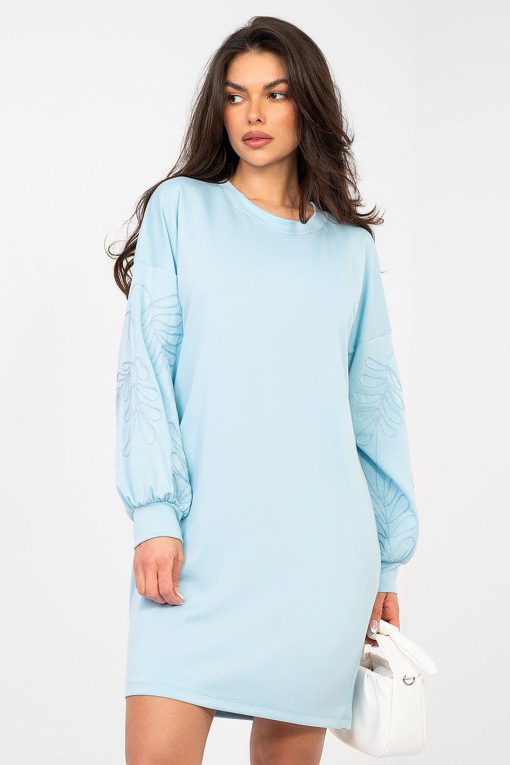 Light blue long-sleeve daydress with crew neck and embroidered puff sleeves