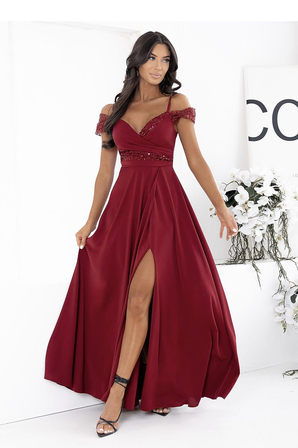Burgundy long off-shoulder dress with V-neck, beaded neckline, and thigh slit