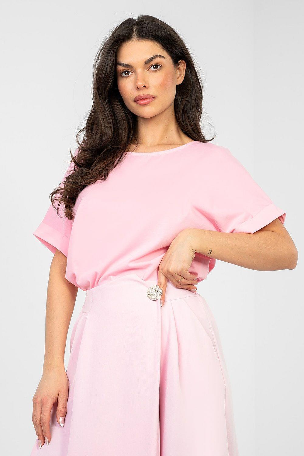 Pink short-sleeve blouse with relaxed fit and draped, lightly gathered front