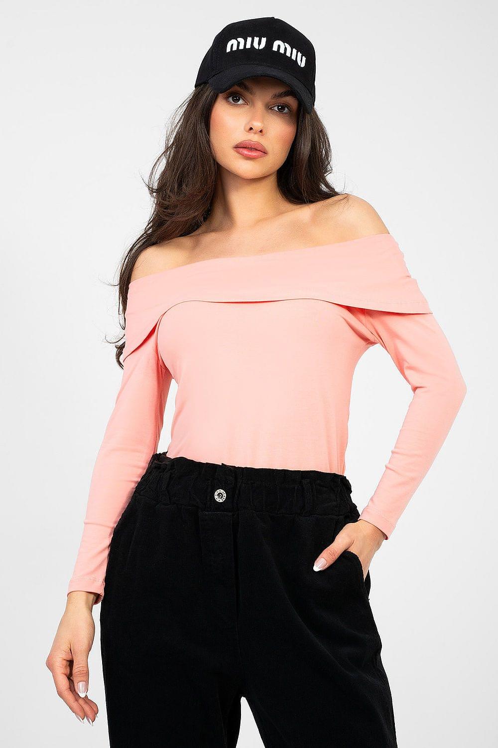 Off-shoulder long-sleeve blouse, dusty pink, draped neckline