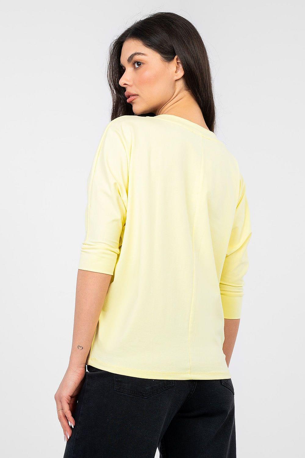 Yellow V-neck blouse with 3/4 sleeves, back view
