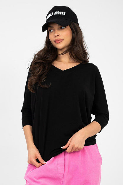 Black V-neck blouse with 3/4 sleeves, relaxed fit
