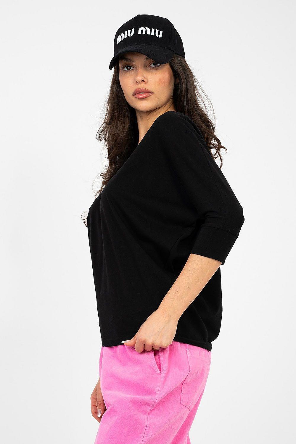 Black V-neck blouse with 3/4 sleeves, side view