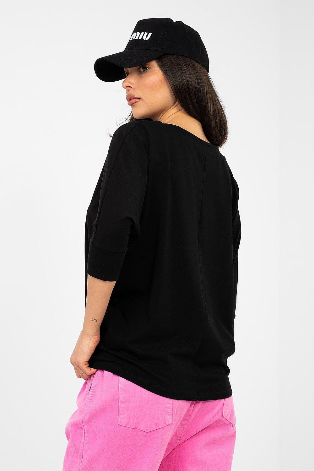 Black V-neck blouse with 3/4 sleeves, back view