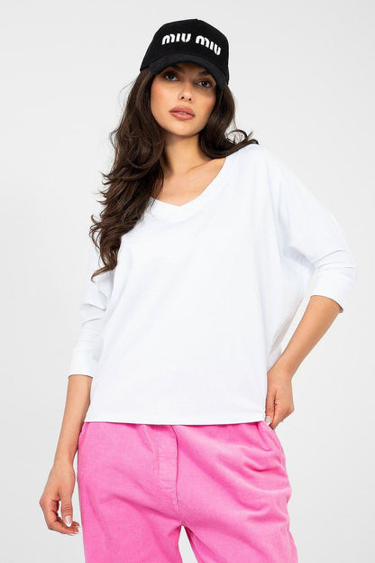 White V-neck blouse with three-quarter sleeves and loose fit