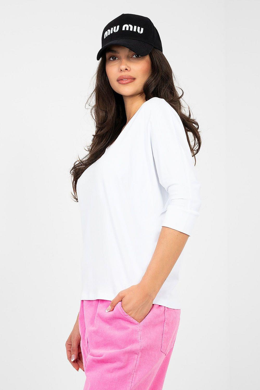 White V-neck blouse with 3/4 sleeves and relaxed silhouette