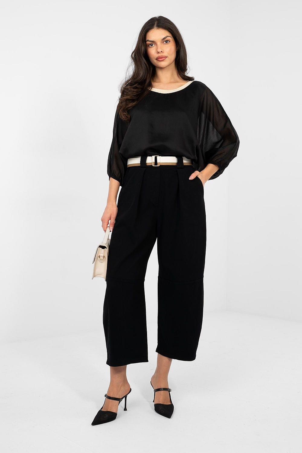 Black wide-leg jeans with belt detail, cropped ankle length