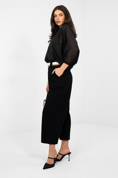 Black high-waisted jeans with belted waist and cropped wide-leg fit