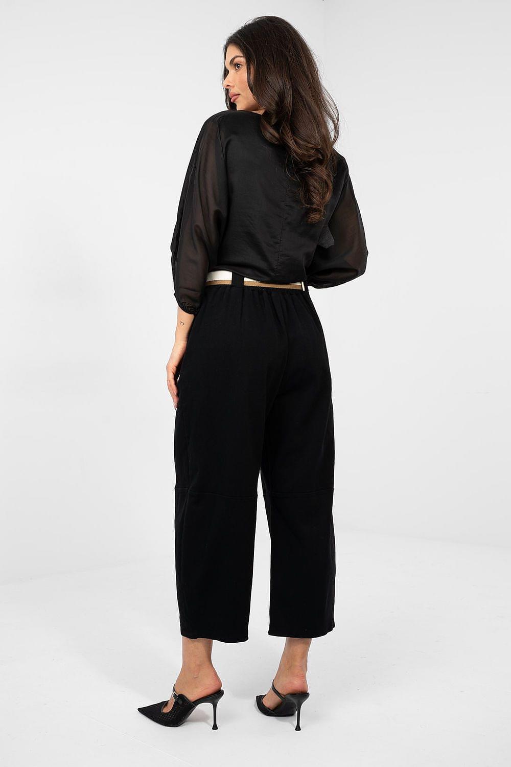 Black high-waisted jeans with belted waist and cropped wide-leg back view