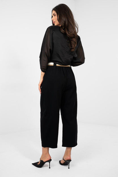 Black high-waisted jeans with belted waist and cropped wide-leg back view