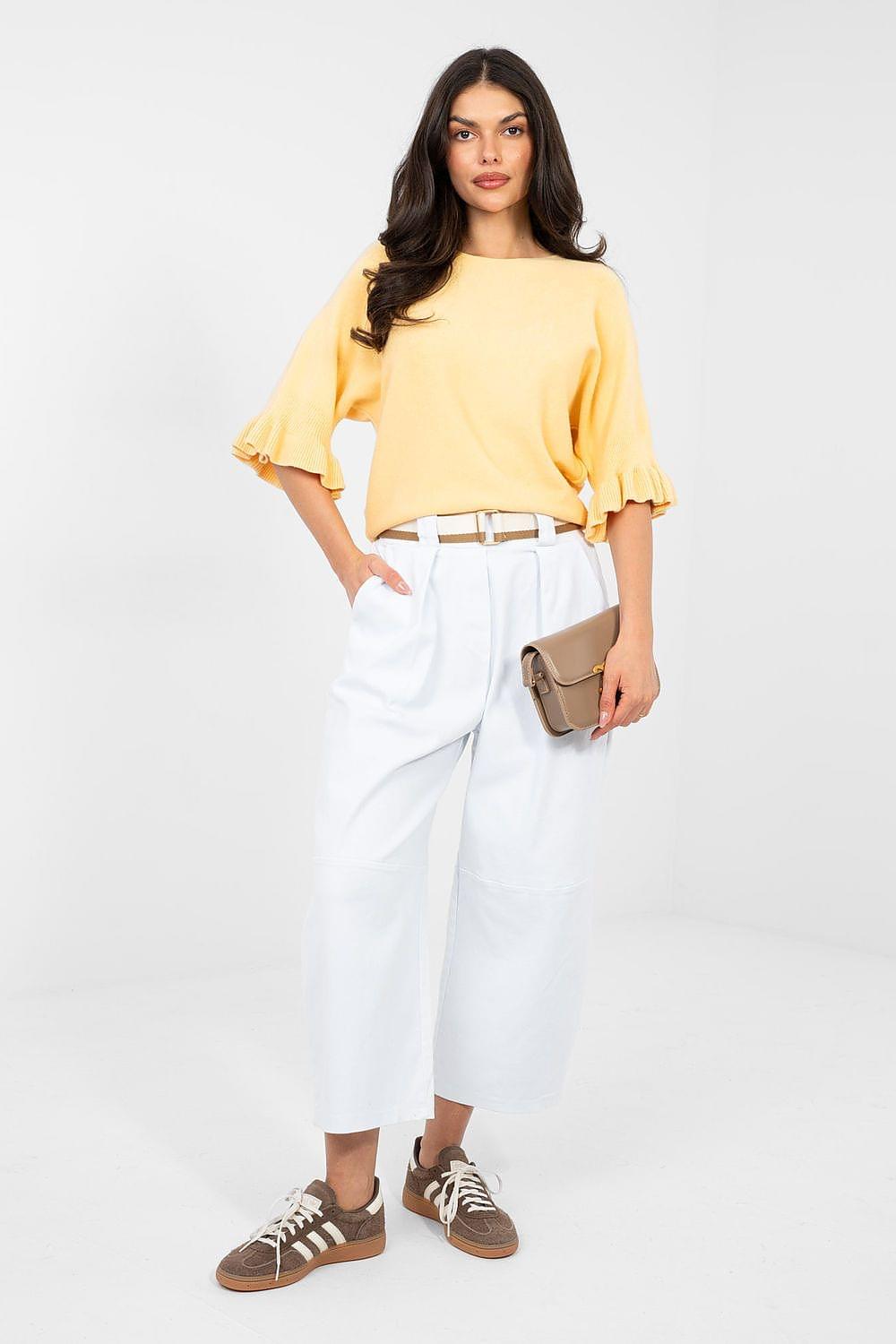 White high-waisted jeans with belted waist and cropped wide-leg fit