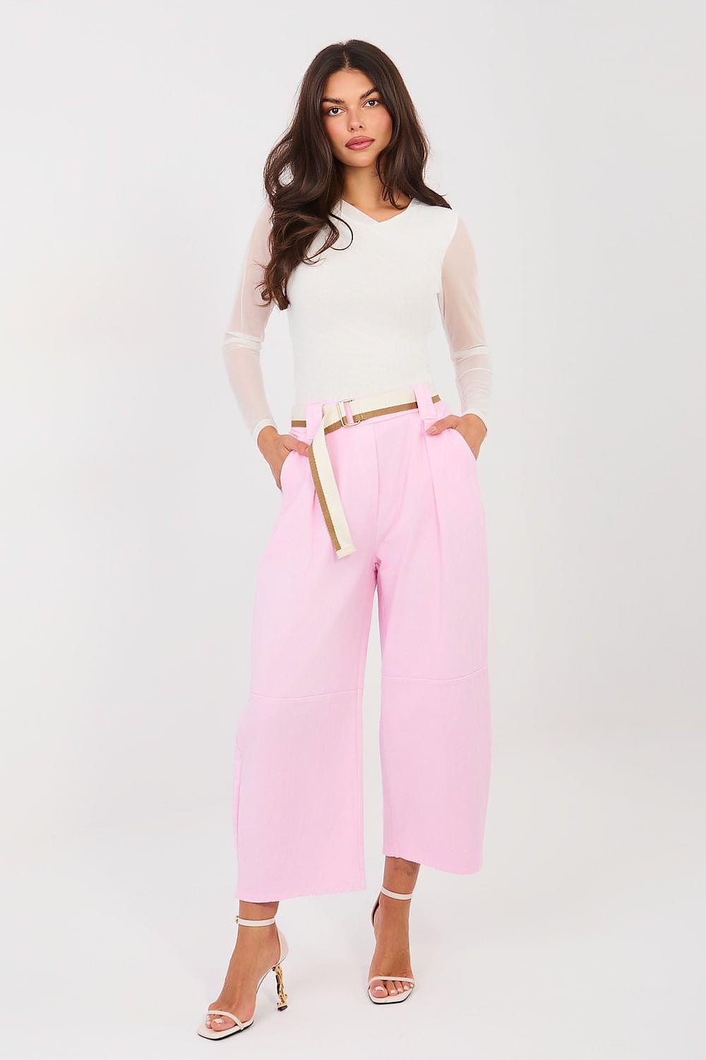 Pink high-waisted jeans with belted waist and cropped wide-leg fit