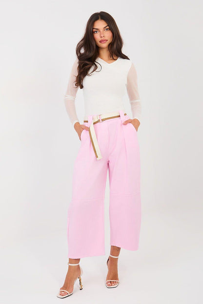 Pink high-waisted jeans with belted waist and cropped wide-leg fit