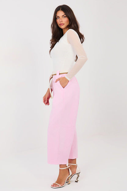 Pink high-waisted jeans with belted waist and straight cropped wide legs
