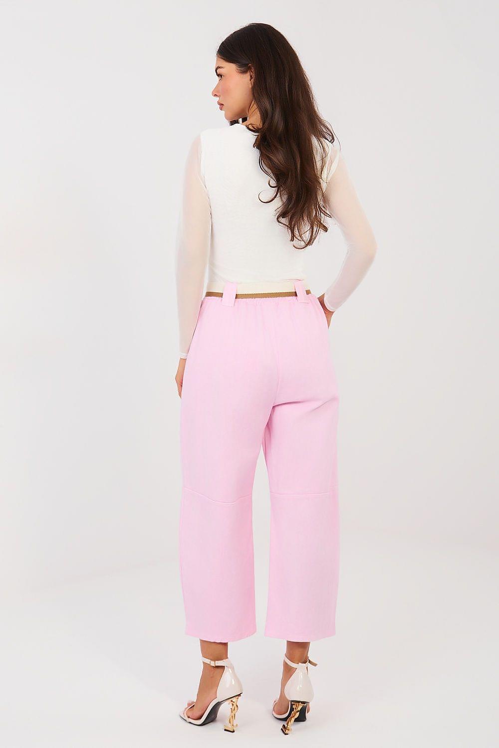 Pink high-waisted jeans with belted waist and cropped wide-leg pants