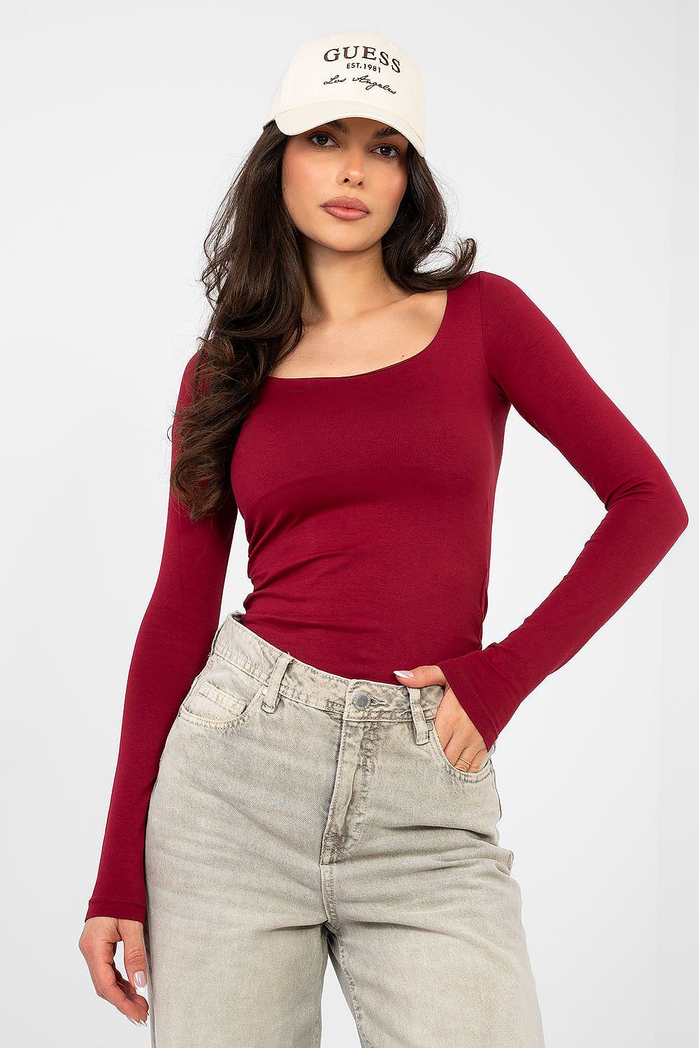 Burgundy long-sleeve blouse with scoop neckline and fitted waist