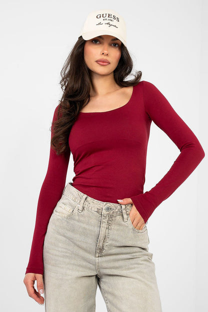 Burgundy long-sleeve blouse with scoop neckline and fitted waist