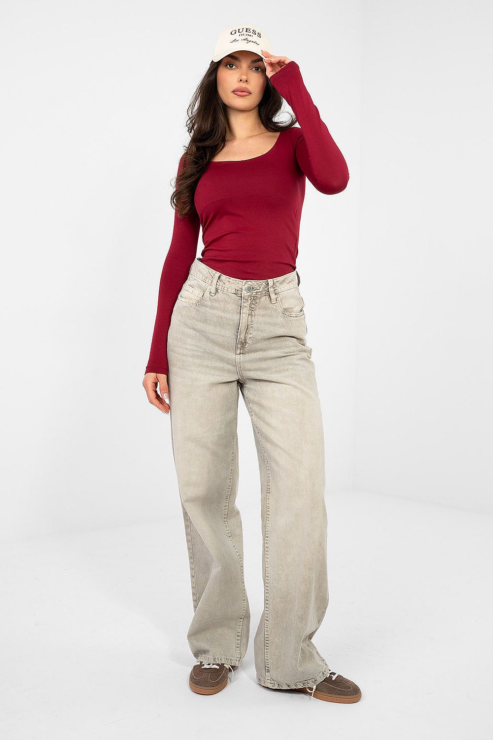 Burgundy long-sleeve fitted blouse with scoop neckline, front full-body view