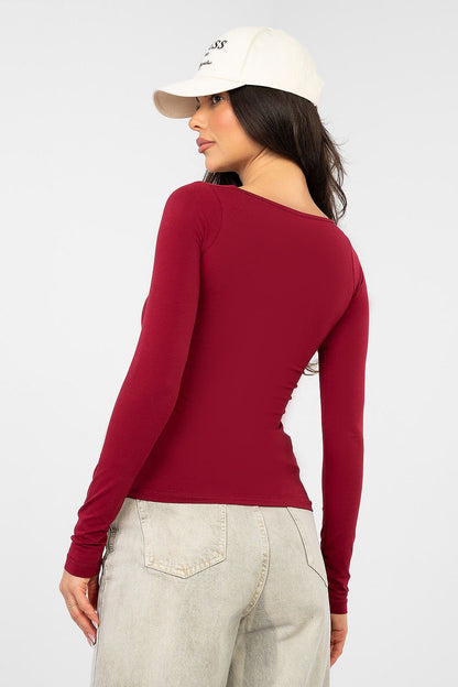 Burgundy long-sleeve blouse with scoop neckline, back view