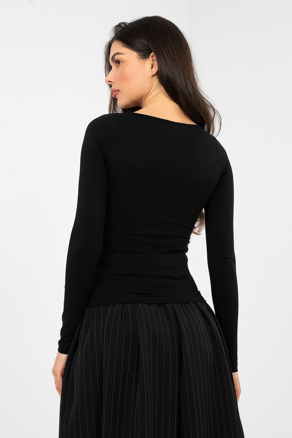 Black long-sleeve blouse with scoop neckline and fitted silhouette, back view