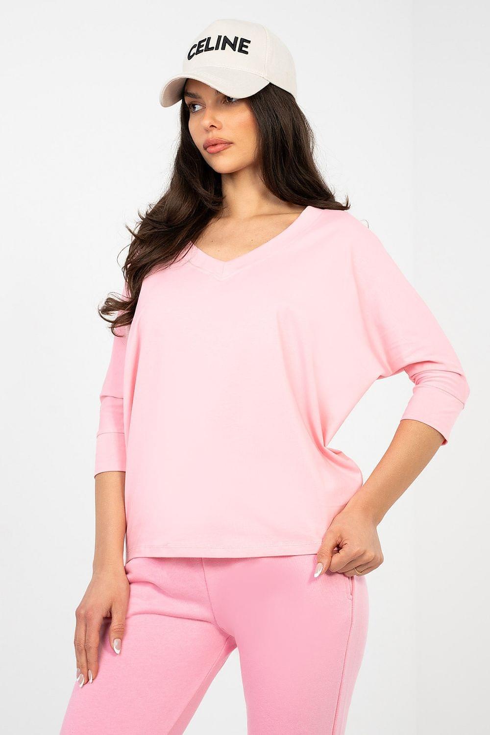 Pink V-neck blouse with 3/4 sleeves, front view