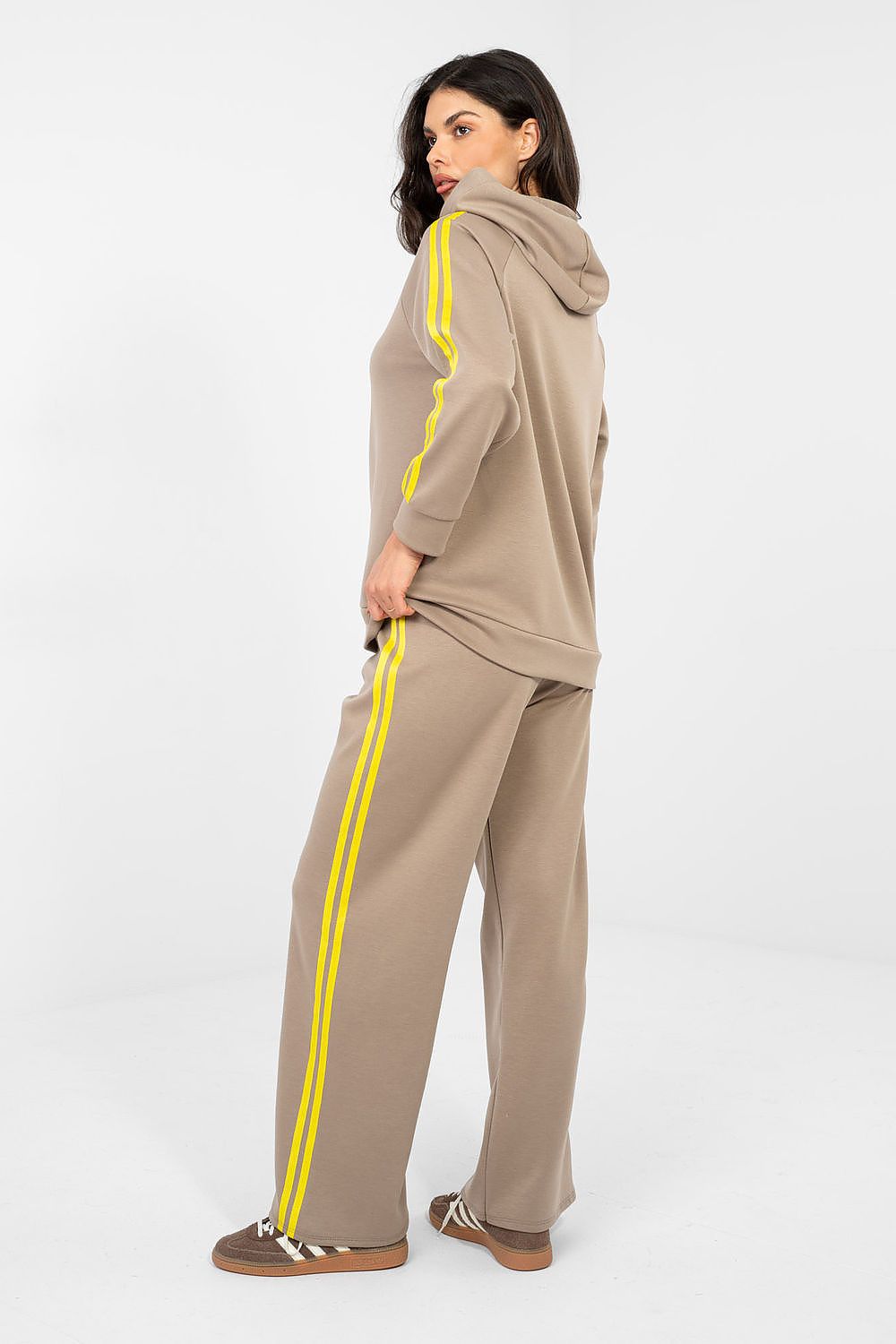 Beige track suit set with hooded zip jacket and yellow sleeve stripes