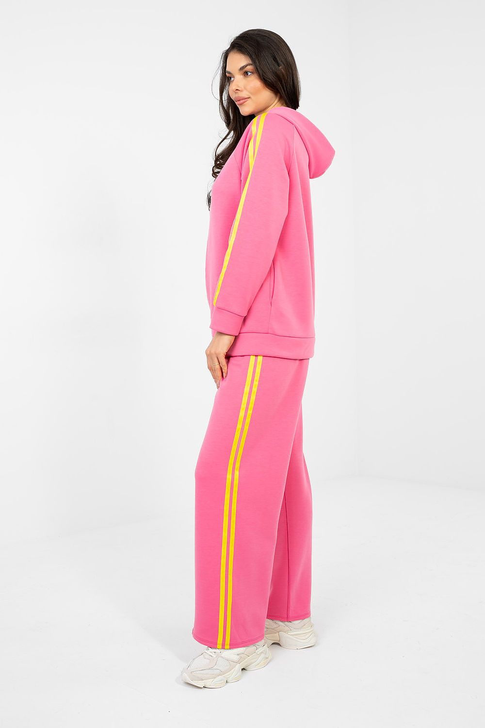 Pink track suit set back view with hooded zip jacket and yellow side stripes