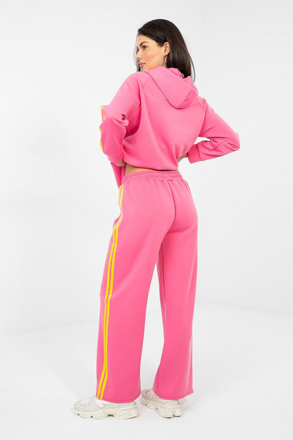 Pink track suit set back view with hood and yellow stripe joggers