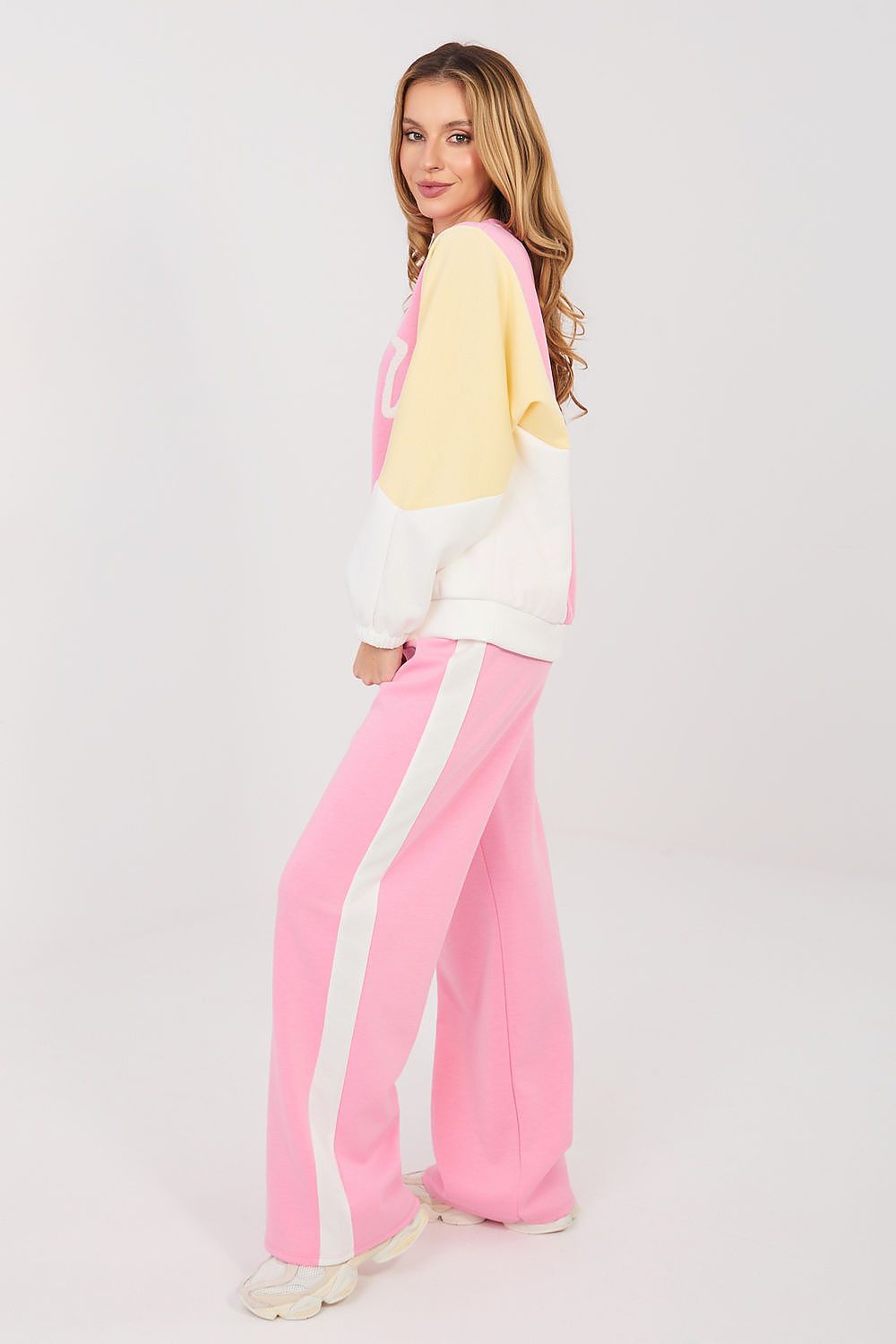 Pink and cream two-piece lounge set: long-sleeve sweatshirt and wide-leg pants