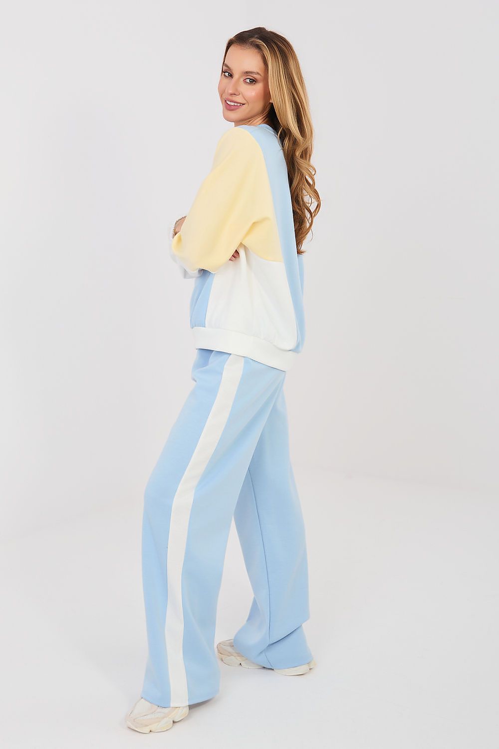 Color-block sweatshirt and wide-leg pants set, light blue with yellow and white sleeves
