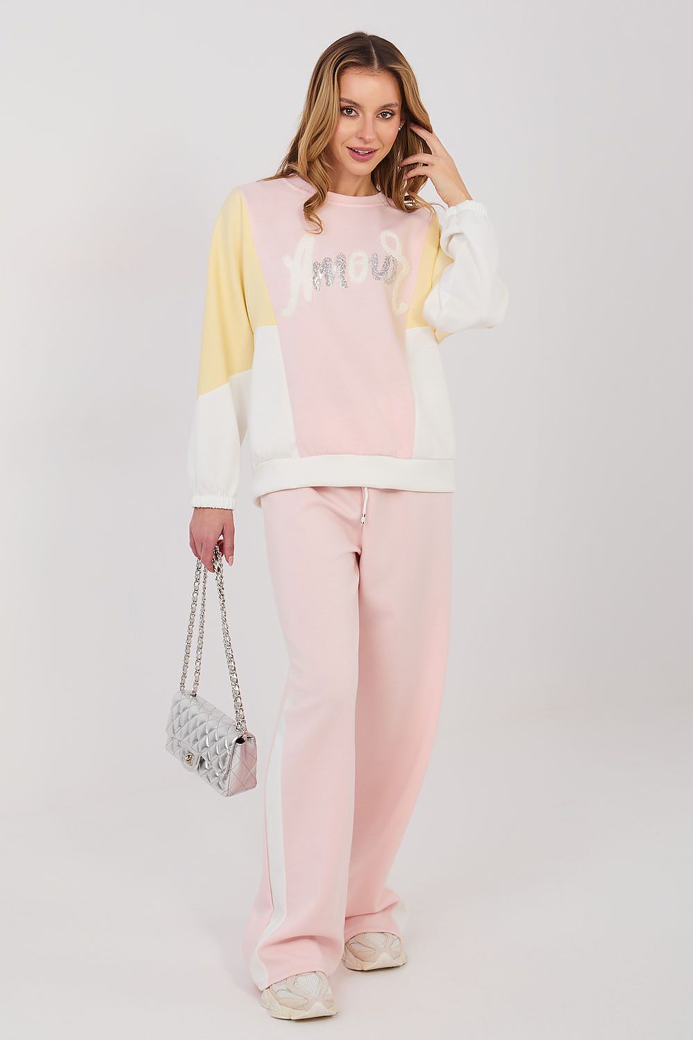 Color-block sweatshirt and wide-leg pants set, pale pink pants with yellow and white top
