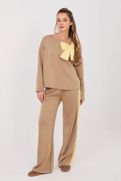 Taupe two-piece set with long-sleeve blouse and wide-leg pants, tie bow detail