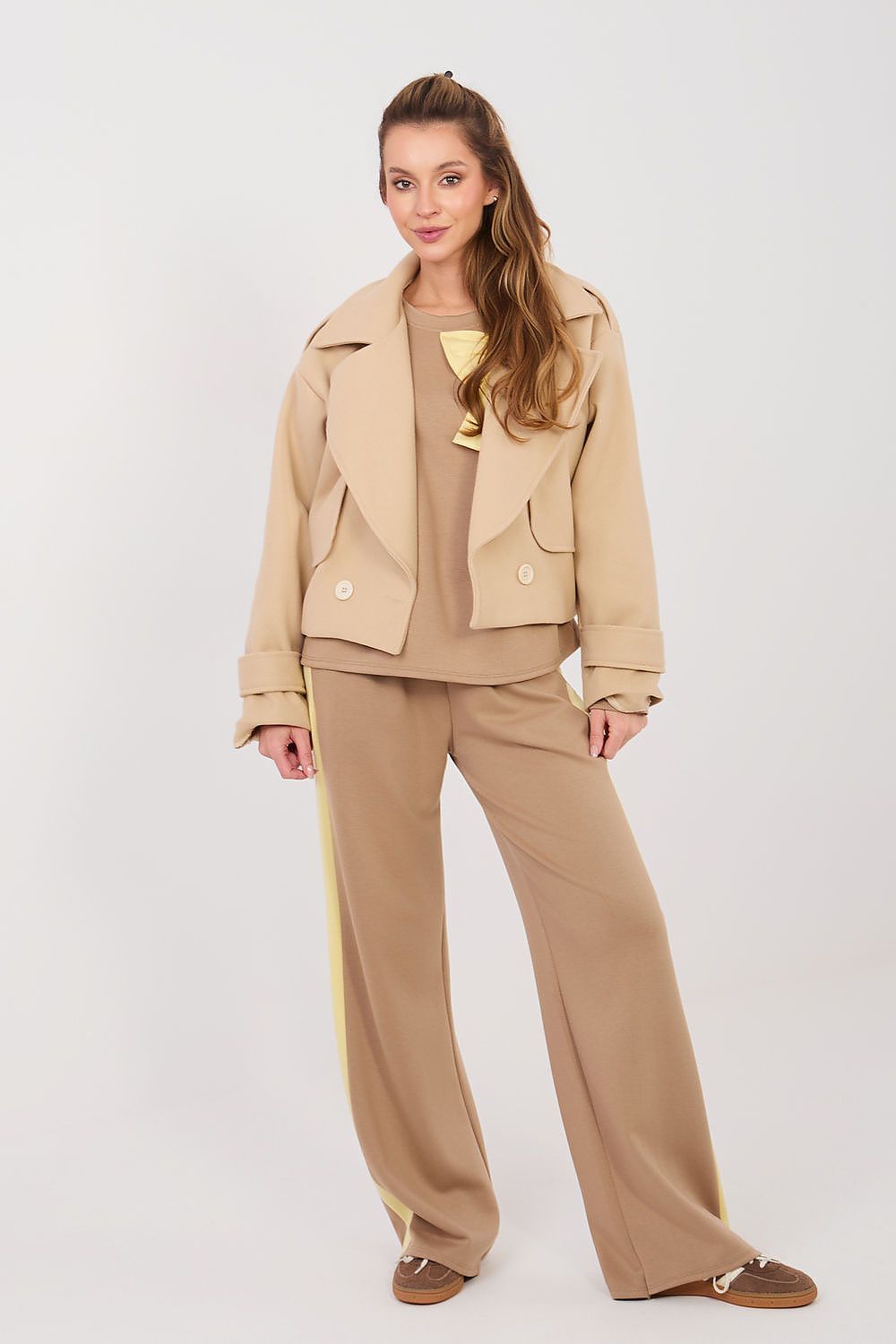 Beige pants and top set with open front jacket and wide-leg trousers