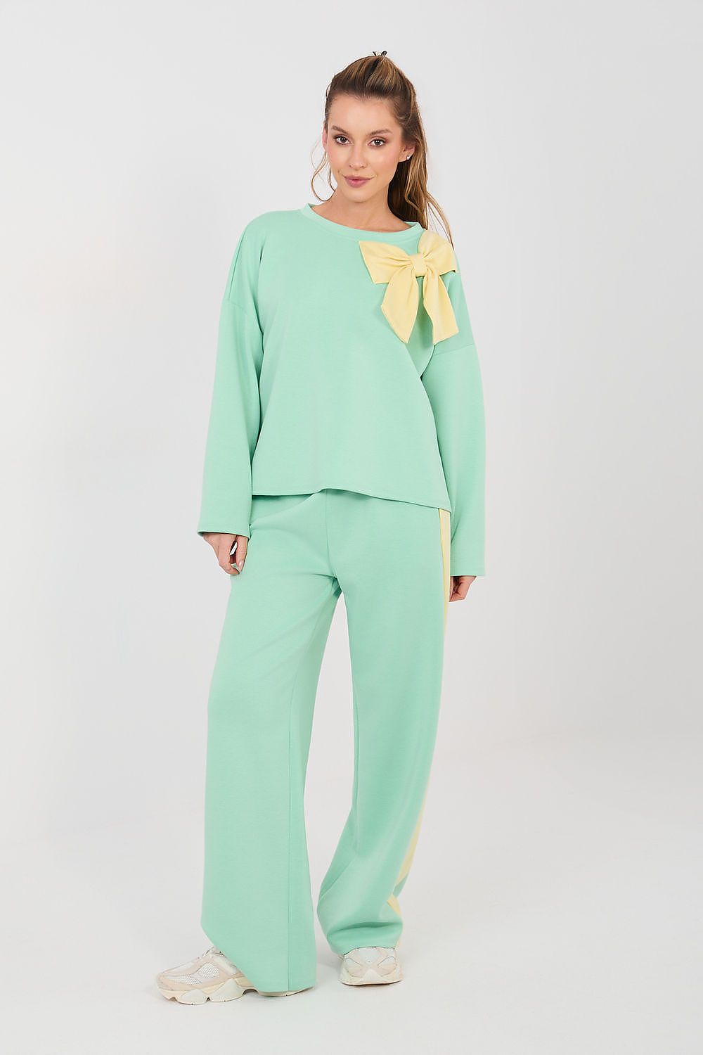 Mint green pants and top set with long sleeves, bow detail and wide-leg trousers