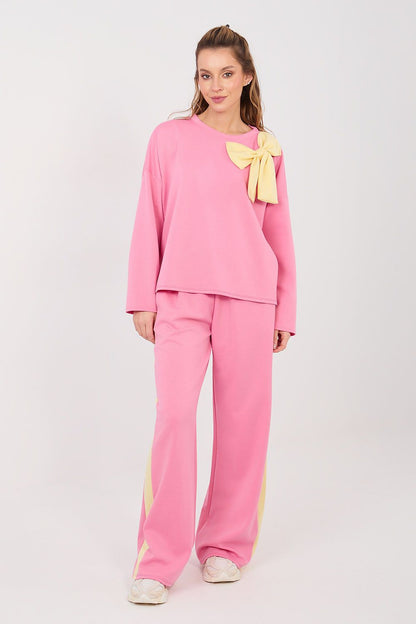 Pink pants and top set with long sleeves, bow detail and wide-leg trousers