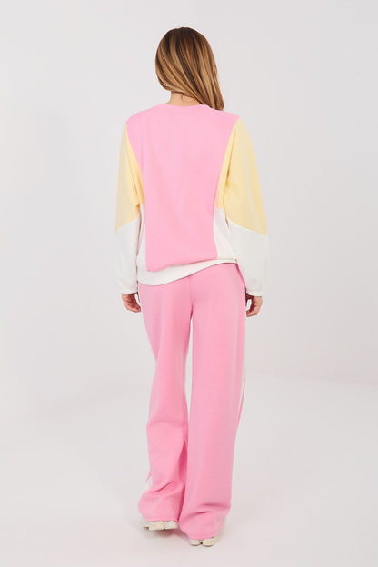 Pink and cream two-piece lounge set: back view sweatshirt and wide-leg pants