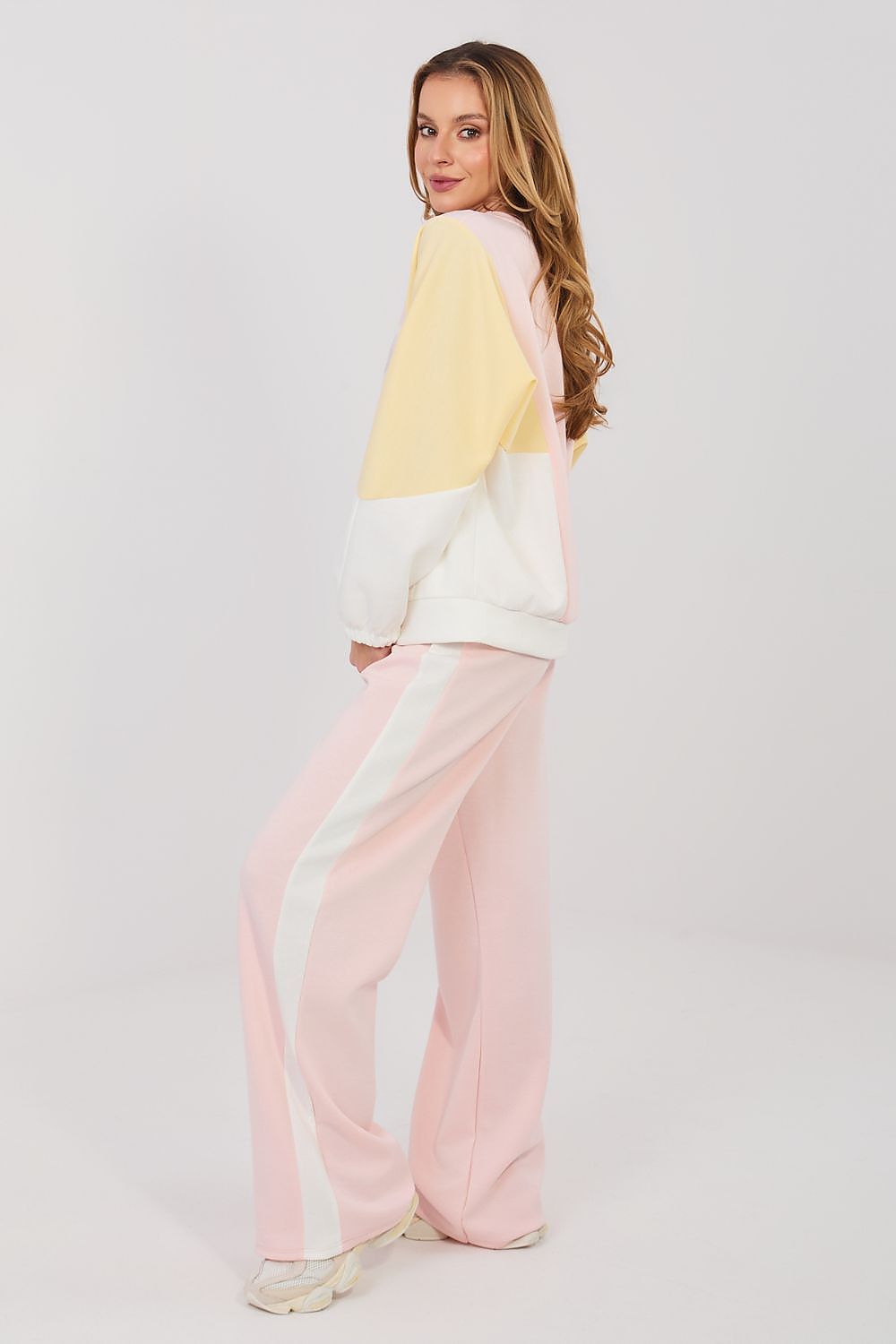 Color-block sweatshirt and wide-leg pants set, pale pink and white with yellow sleeves
