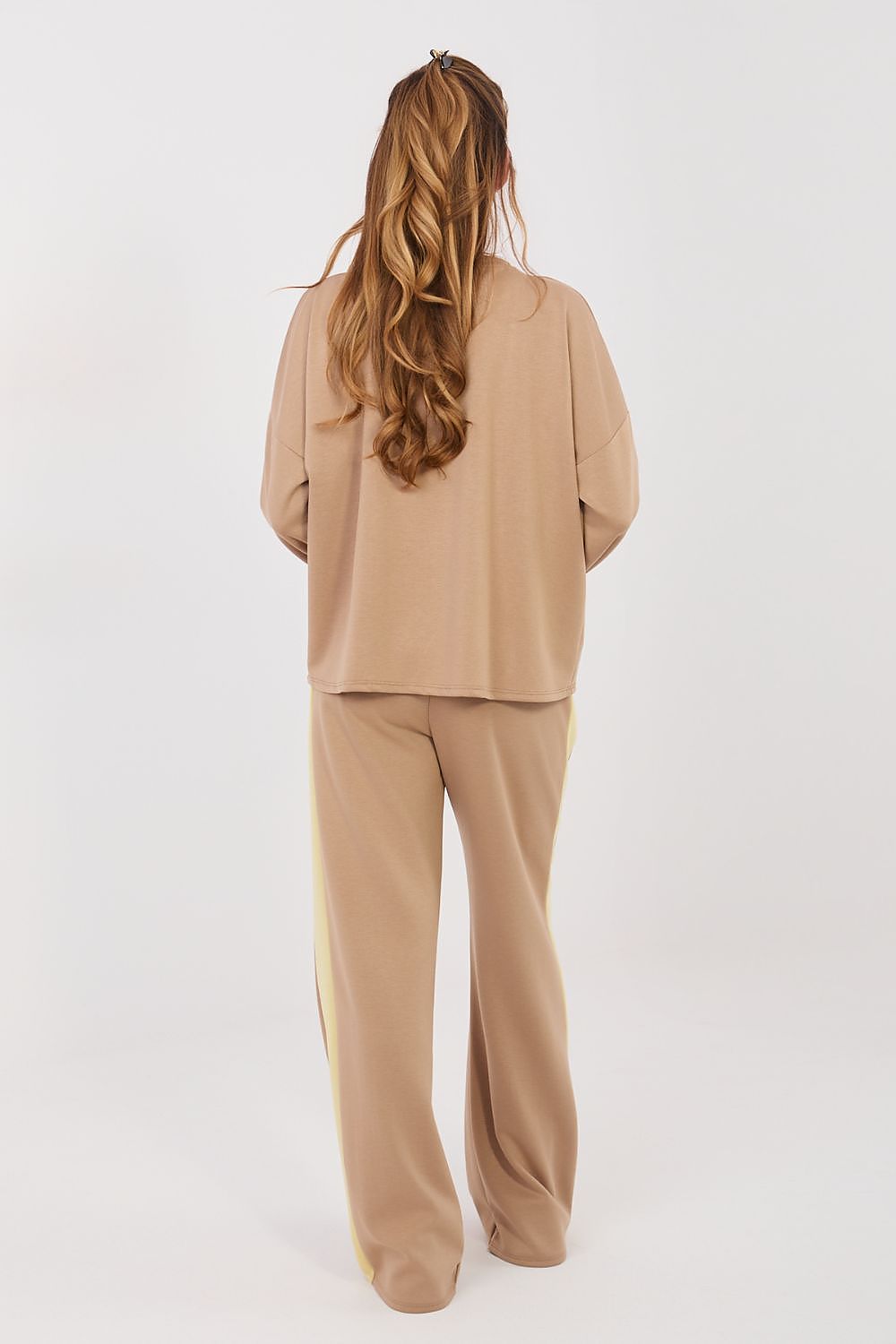 Tan pants and top set with long sleeves, back view, wide-leg trousers