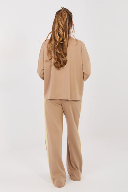 Tan pants and top set with long sleeves, back view, wide-leg trousers