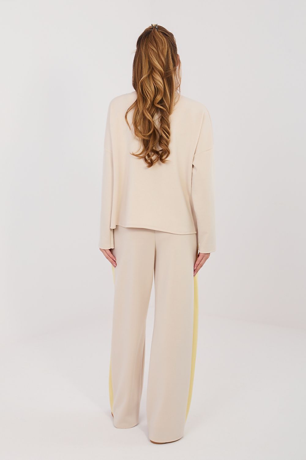 Cream pants and top set with long sleeves, back view, wide-leg trousers