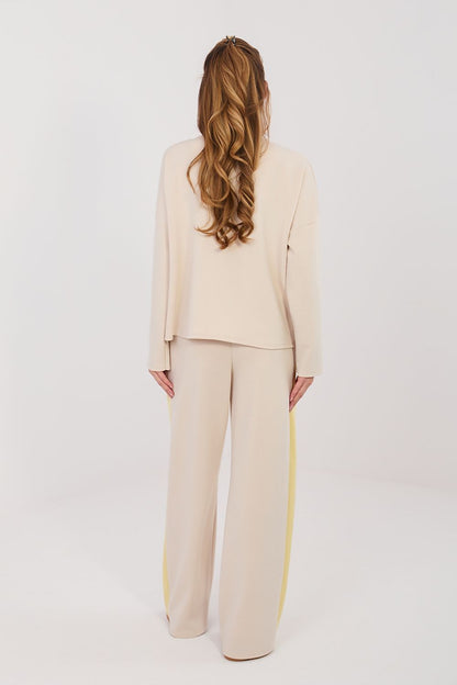 Cream pants and top set with long sleeves, back view, wide-leg trousers