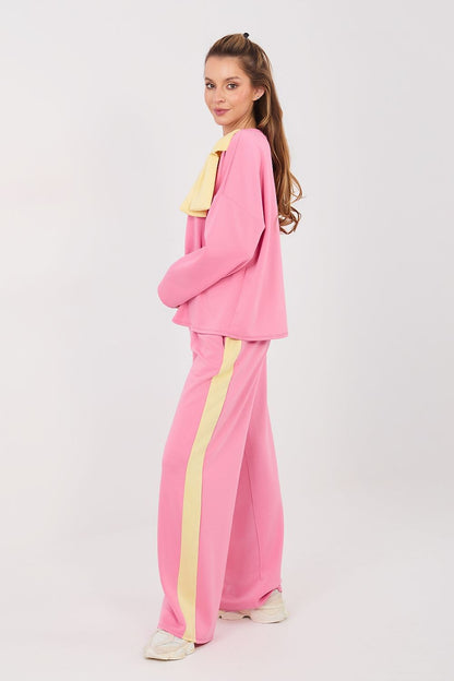 Pink two-piece set with long sleeves and yellow side stripe, wide-leg pants