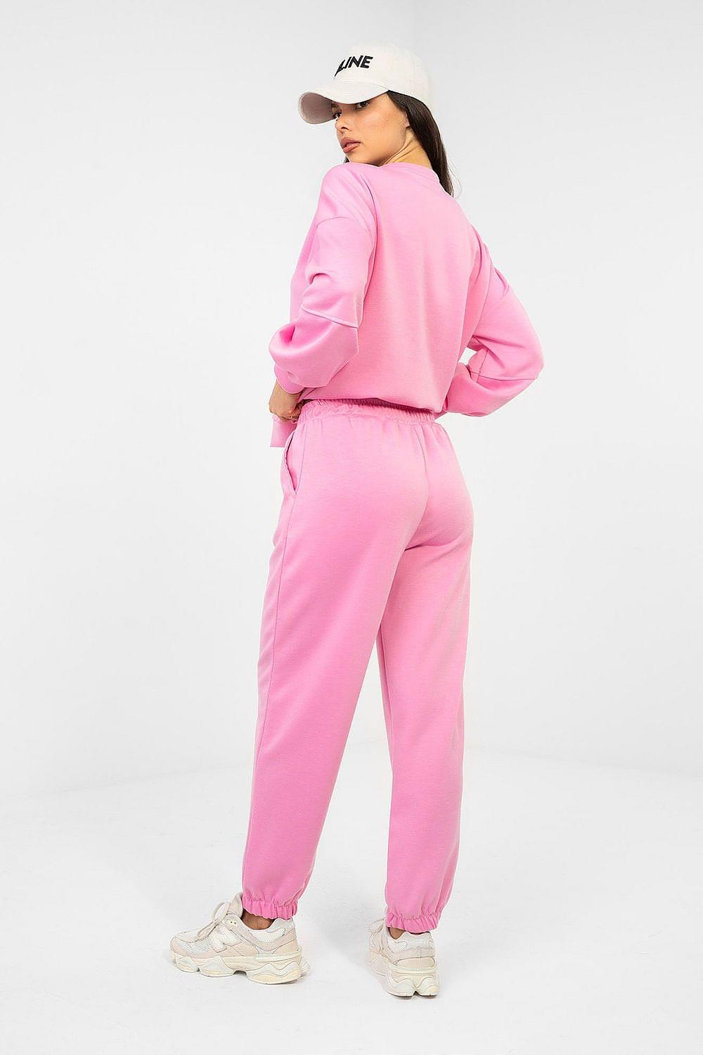 Pink sweatshirt and jogger set, back and side view with elastic hems