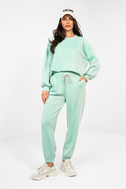 Mint sweatshirt and jogger set with elastic cuffs and drawstring waist